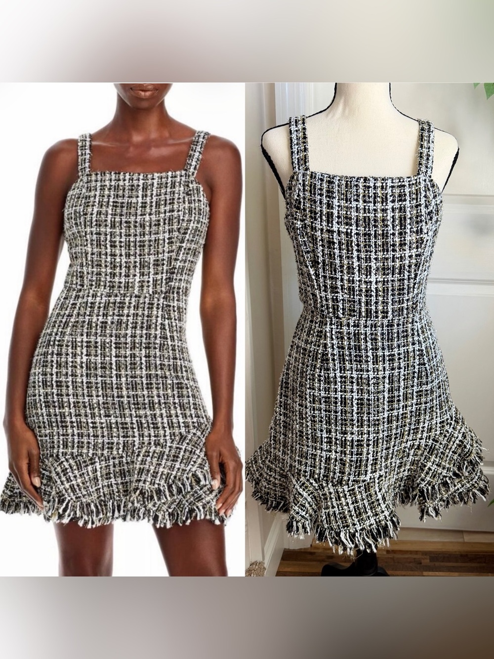 AQUA Metallic Tweed Square Neck Fringe Mini Dress Black White S